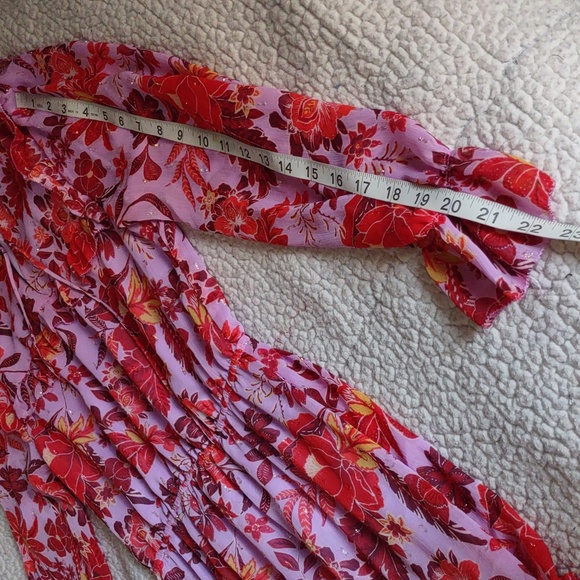 Skies Are Blue XS Semi Sheer Floral Metallic Tiered V-Neck Maxi Dress - Picture 5 of 16